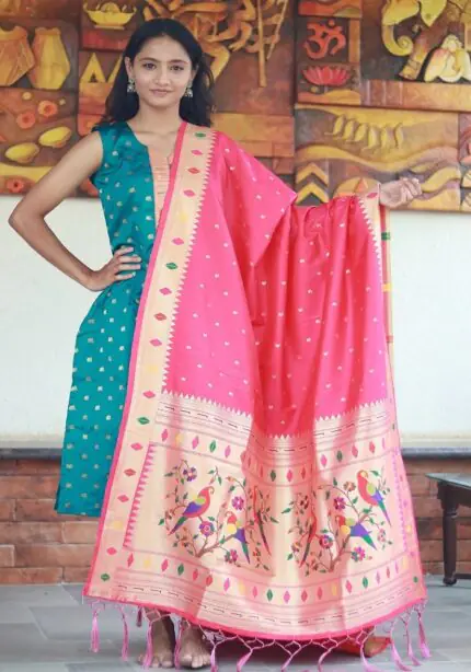 Elegant Semi Silk Paithani Dupatta in Pink