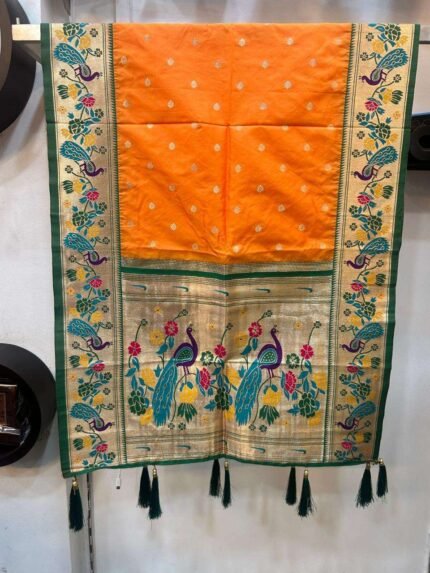 Semi silk Paithani shela with peacock borders